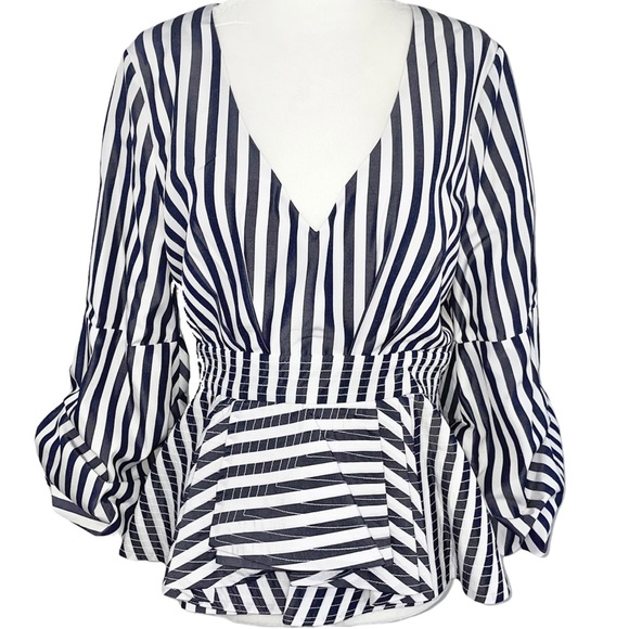 Central Park West Tops - New Central Park West Balloon Sleeve Layered Peplum Striped Cotton Shirt